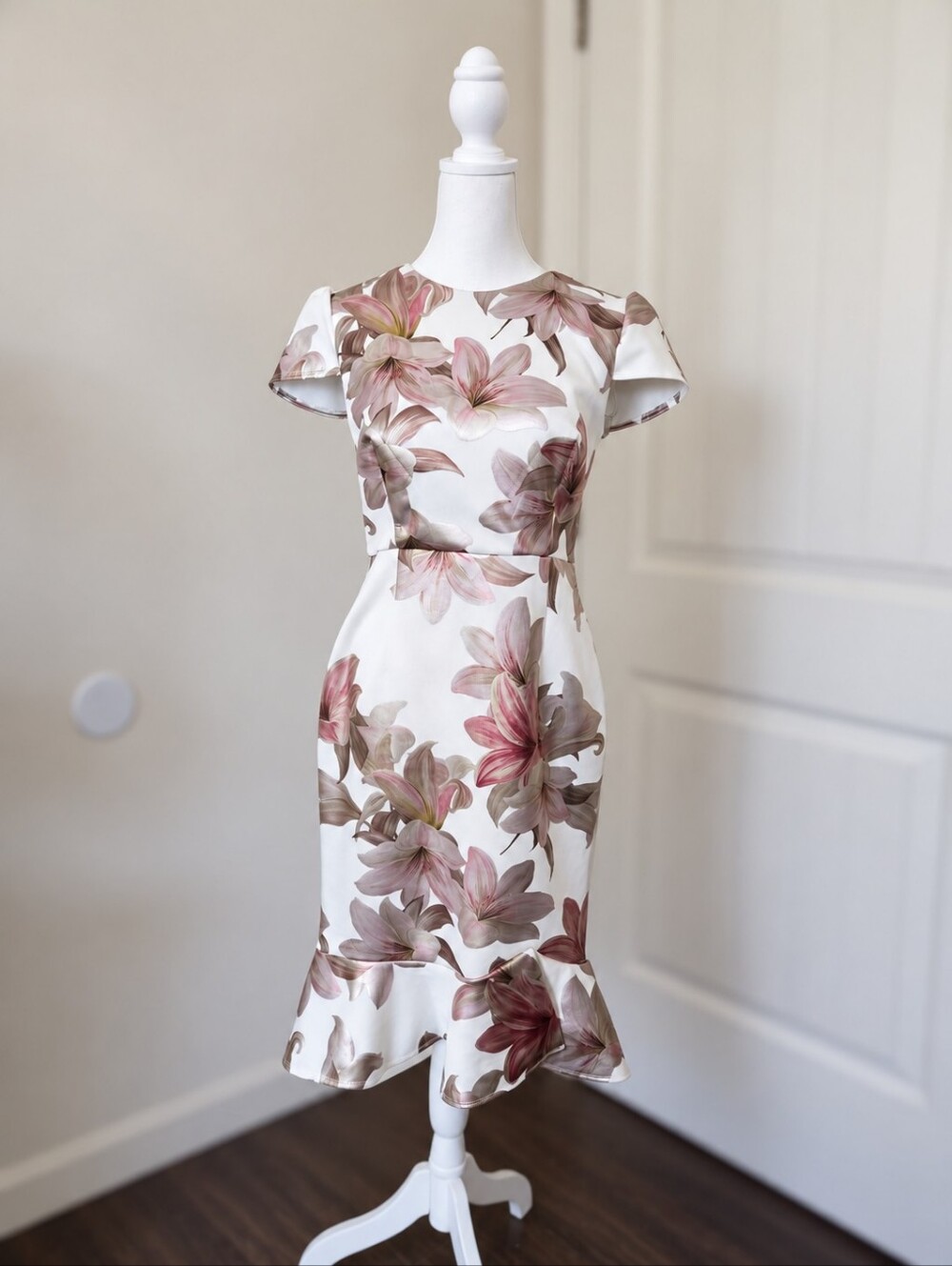 White Floral Fit-and-Flare Dress with Pink Blooms